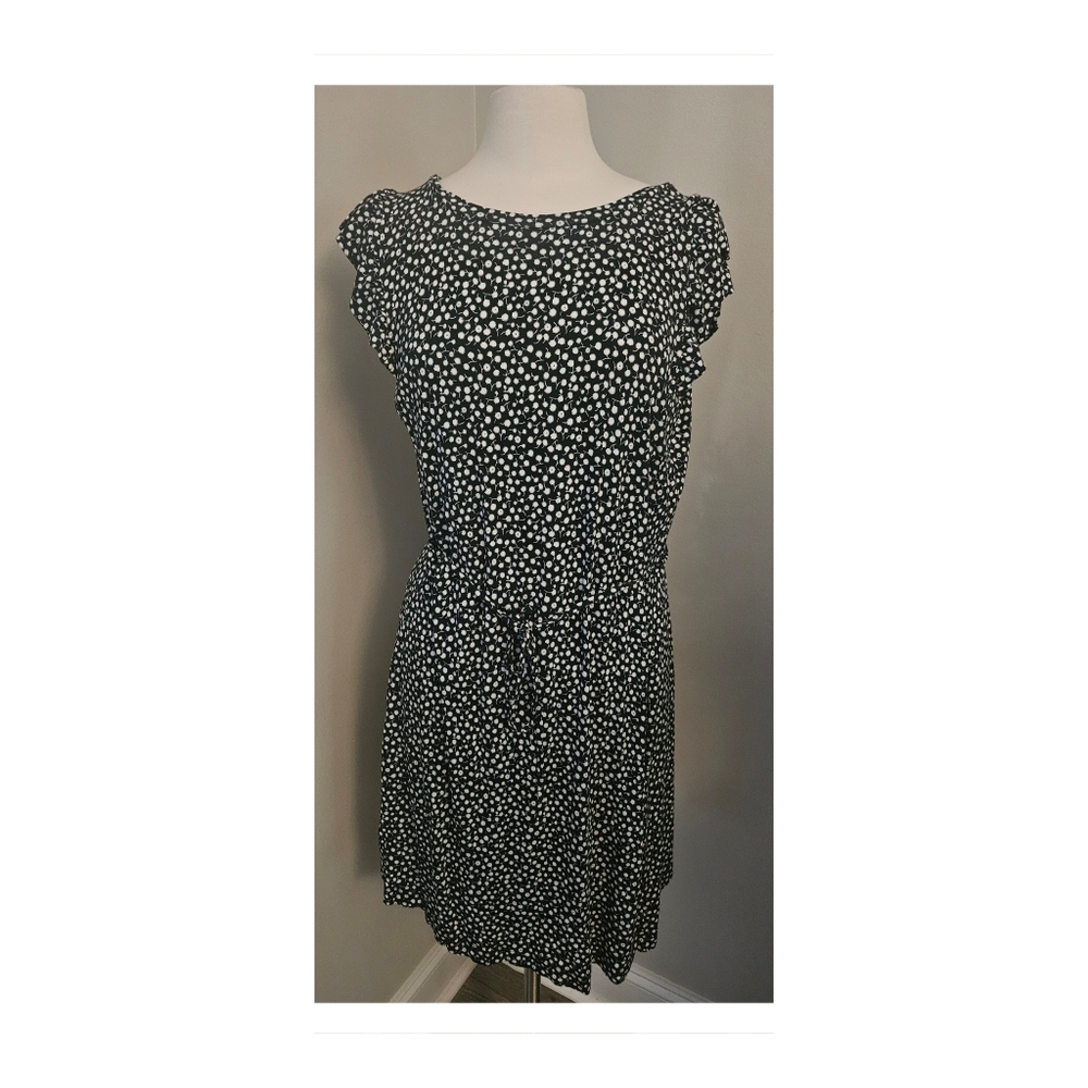 LOFT Ditsy Floral Flutter Sleeve Dress Black & White NWT Size XL